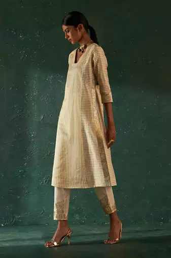 Ivory striped kurta set with gota work