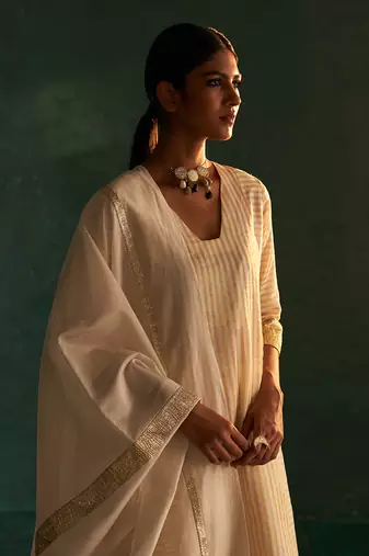 Ivory striped kurta set with gota work