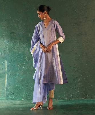 Lavender striped kurta set with gota panels 1