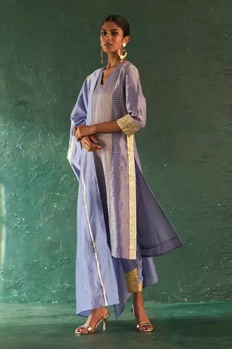 Lavender striped kurta set with gota panels
