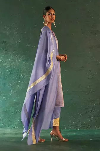 Lavender striped kurta set with gota panels