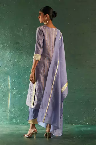 Lavender striped kurta set with gota panels