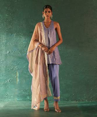 Lavender striped pattern short kurta set 1
