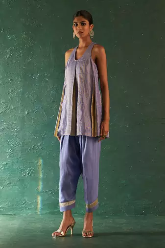 Lavender striped pattern short kurta set