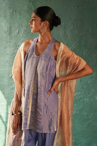 Lavender striped pattern short kurta set