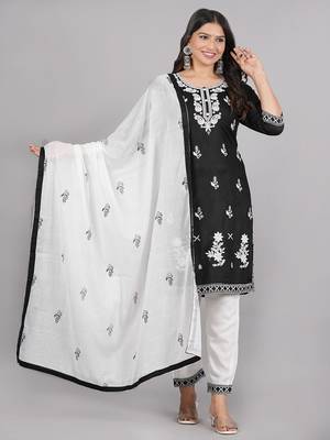 Aaryahi women rayon black & white embroidery straight kurta and pant with dapatta set 2