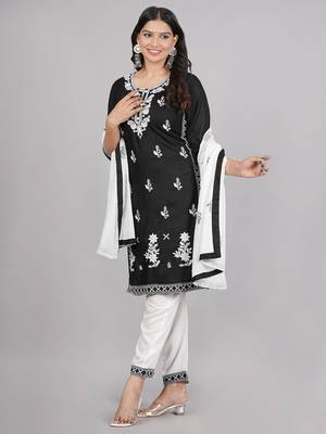 Aaryahi women rayon black & white embroidery straight kurta and pant with dapatta set 1