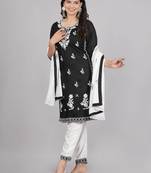 Aaryahi women rayon black & white embroidery straight kurta and pant with dapatta set