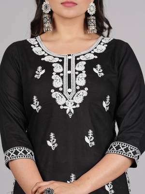 Aaryahi women rayon black & white embroidery straight kurta and pant with dapatta set 4