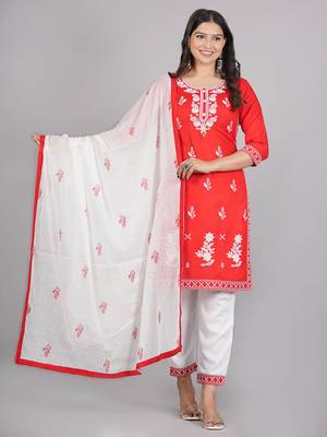 Aaryahi women rayon red & white embroidery straight kurta and pant with dupatta set 2