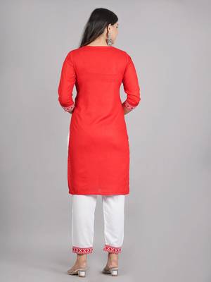 Aaryahi women rayon red & white embroidery straight kurta and pant with dupatta set 3