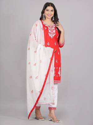 Aaryahi women rayon red & white embroidery straight kurta and pant with dupatta set 1
