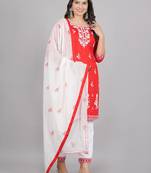 Aaryahi women rayon red & white embroidery straight kurta and pant with dupatta set
