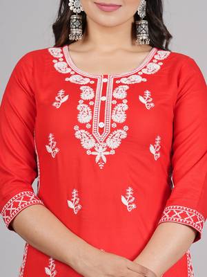 Aaryahi women rayon red & white embroidery straight kurta and pant with dupatta set 4