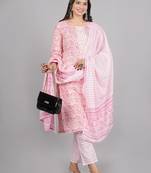 Aaryahi women cotton pink printed straight kurta and pant with dapatta set