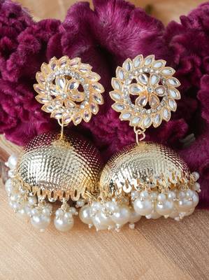 Kundan and Pearl Jhumki Earrings in Gold Plated - Perfect for Festive Glam 1