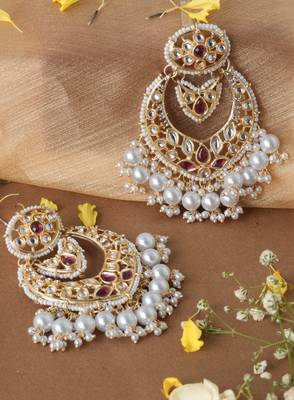 Gold Plated Earrings with Red Stone and Kundan Embellishments 1