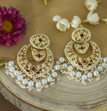 Gold Plated Earrings with Red Stone and Kundan Embellishments 2
