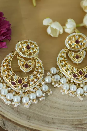 Gold Plated Earrings with Red Stone and Kundan Embellishments