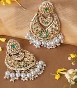 Gold Plated Earrings with Green Stone and Kundan Embellishments