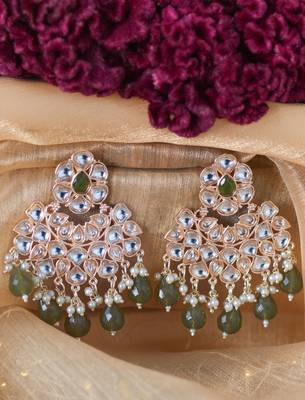 Traditional Kundan and Pearl Earrings with Mehndi Green Drops 1