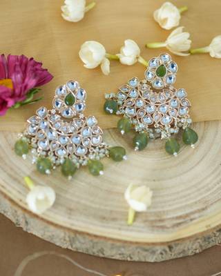 Traditional Kundan and Pearl Earrings with Mehndi Green Drops 2