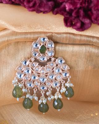 Traditional Kundan and Pearl Earrings with Mehndi Green Drops 3