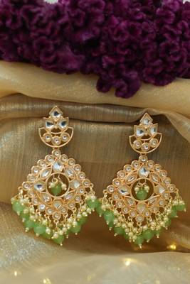 Kundan Studded Earrings with Pearl and Light Green Drops 1