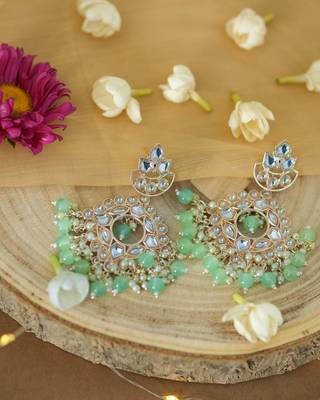 Kundan Studded Earrings with Pearl and Light Green Drops 2
