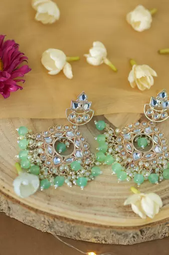 Kundan Studded Earrings with Pearl and Light Green Drops