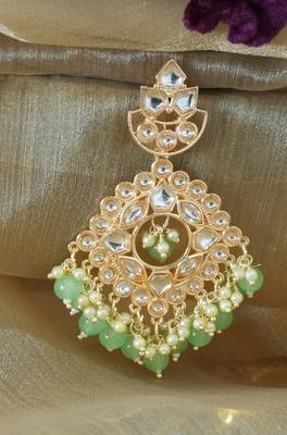 Kundan Studded Earrings with Pearl and Light Green Drops 3