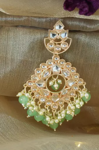 Kundan Studded Earrings with Pearl and Light Green Drops