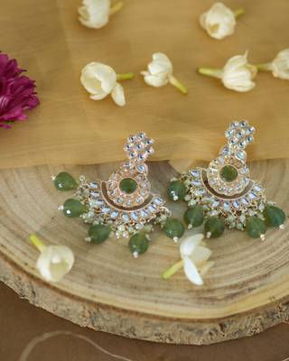 Traditional Kundan and Pearl Earrings with Mehndi Green Drops 2