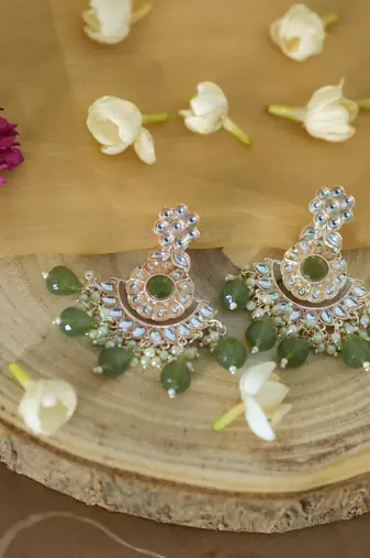 Traditional Kundan and Pearl Earrings with Mehndi Green Drops