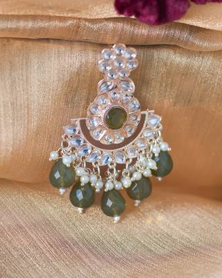 Traditional Kundan and Pearl Earrings with Mehndi Green Drops 3