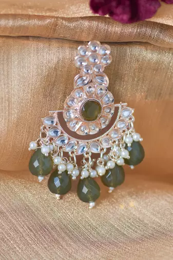 Traditional Kundan and Pearl Earrings with Mehndi Green Drops