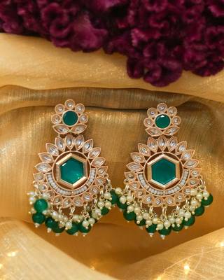 Kundan Studded Earrings with Pearl and Dark Green Drops 1