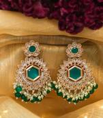 Kundan Studded Earrings with Pearl and Dark Green Drops
