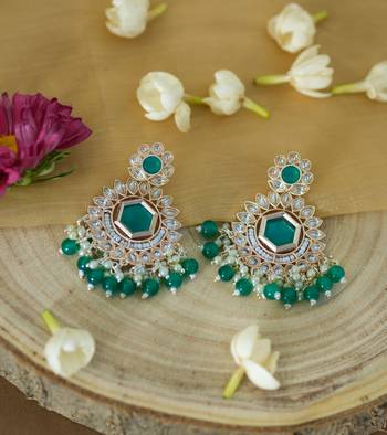 Kundan Studded Earrings with Pearl and Dark Green Drops 2
