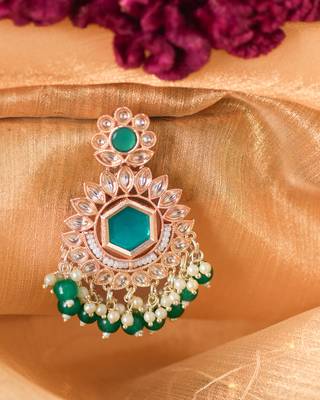Kundan Studded Earrings with Pearl and Dark Green Drops 3
