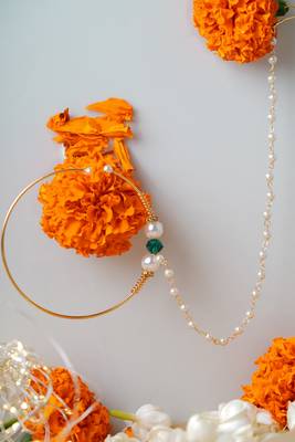 Traditional Gold Nose Ring with White Pearl Chain for Festive and Bridal Elegance 1