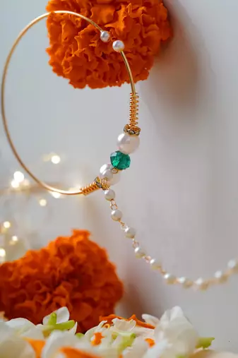 Traditional Gold Nose Ring with White Pearl Chain for Festive and Bridal Elegance