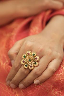 Gold Flower Ring with Red & Green Stone Detailing 1