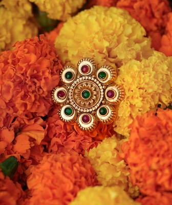 Gold Flower Ring with Red & Green Stone Detailing 2
