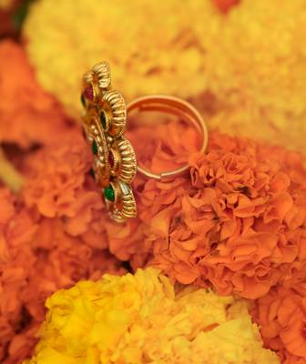 Gold Flower Ring with Red & Green Stone Detailing 3