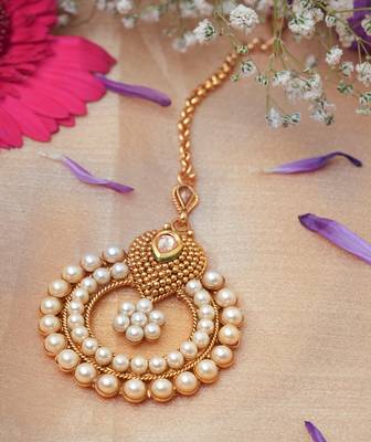 Pearl-Studded White and Gold Plated Maang Tikka for Festive and Wedding 1