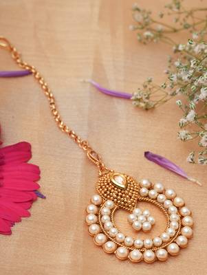 Pearl-Studded White and Gold Plated Maang Tikka for Festive and Wedding 2
