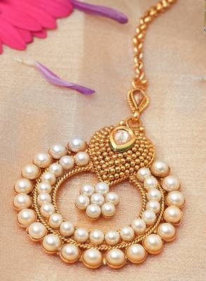 Pearl-Studded White and Gold Plated Maang Tikka for Festive and Wedding 3