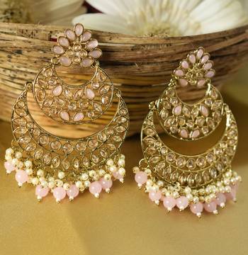 Chandbali Earrings with Antique Gold Plated Plating and Pink Stone Embellishments 1