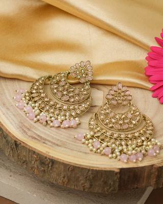 Chandbali Earrings with Antique Gold Plated Plating and Pink Stone Embellishments 2